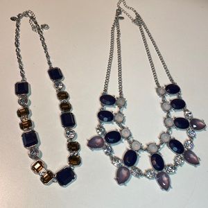 Lot of 2 Lia Sophia Silver Tone Glass Crystal Statement Necklaces